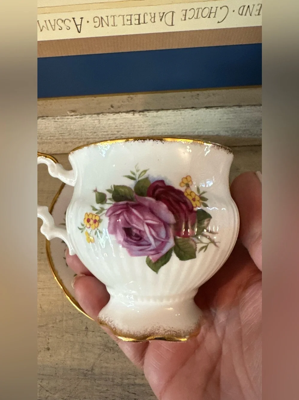 Elizabethan fine bone china tea cup with deep pink rose & old English village